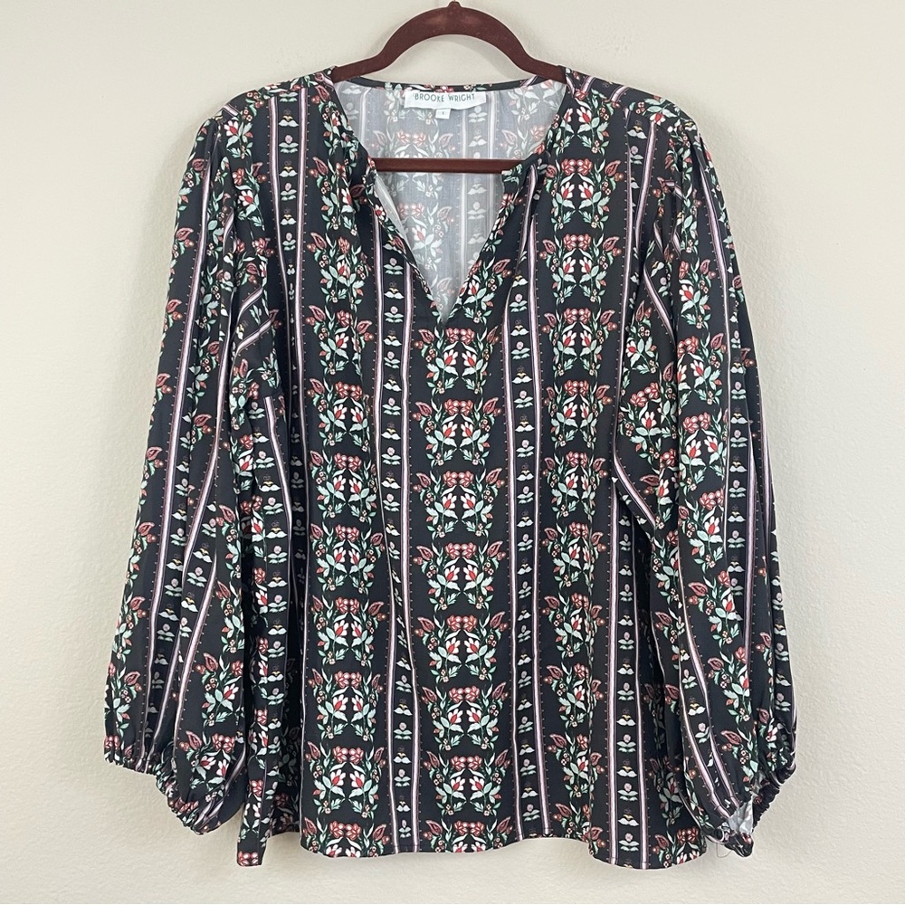 Brooke Wrightā Floral Ballon Sleeves Split Neck Willow Top Size L